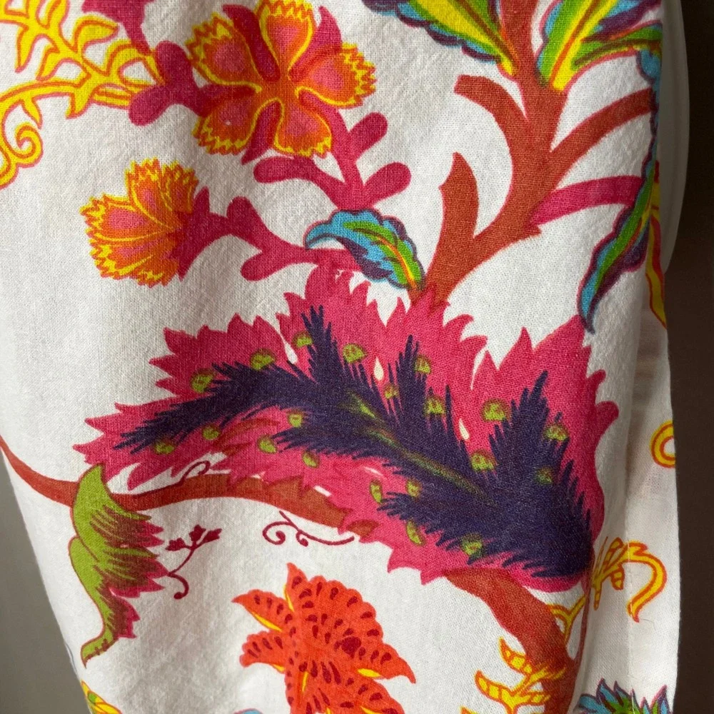 Sur La Table Floral Apron Colorful Cotton Pom Pom Trim Halter Neck Tie Kitchen